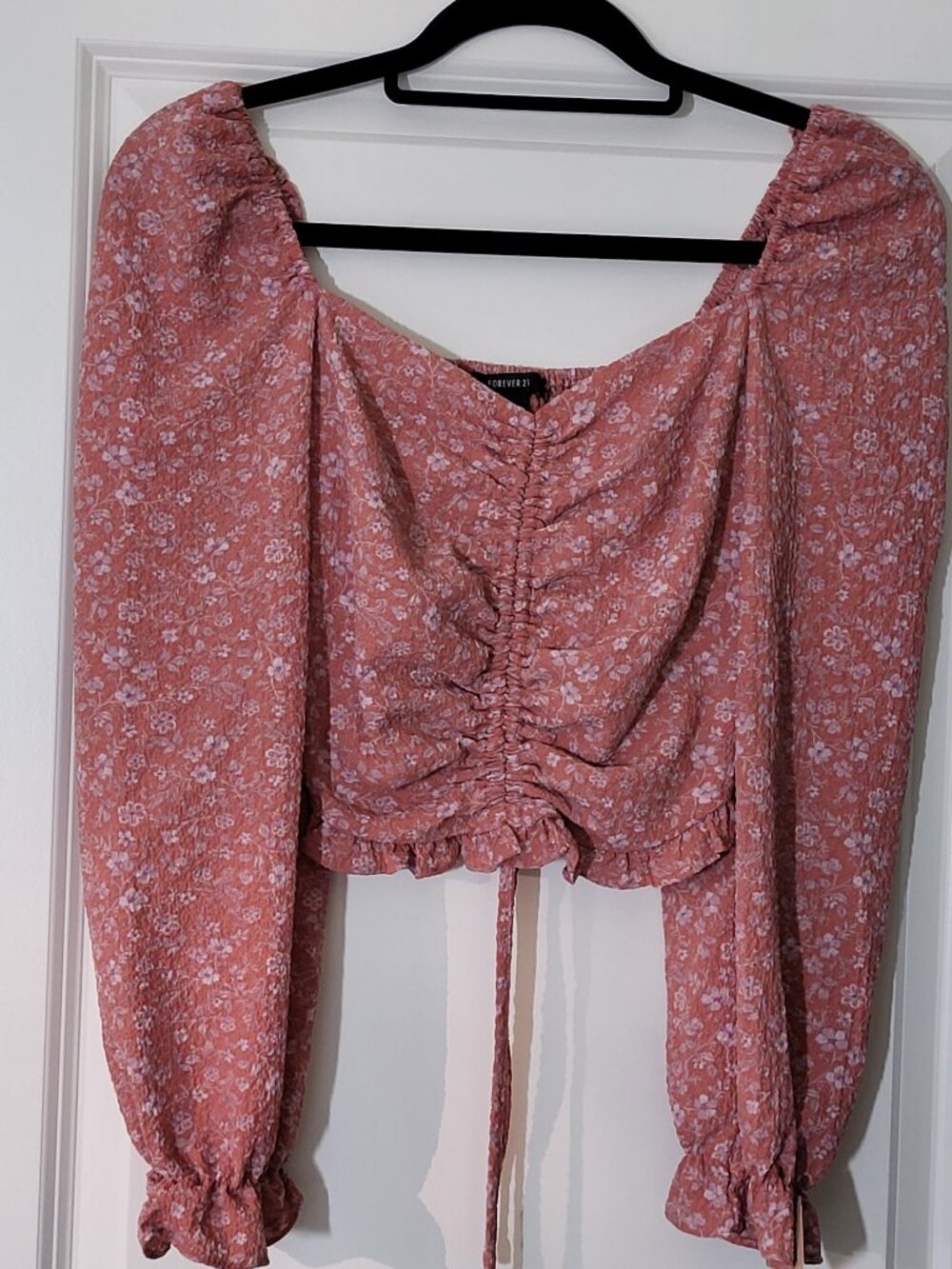 Forever 21 Pink Floral Smocked Ruffle Puff Sleeve Square Neck Cropped Blouse S